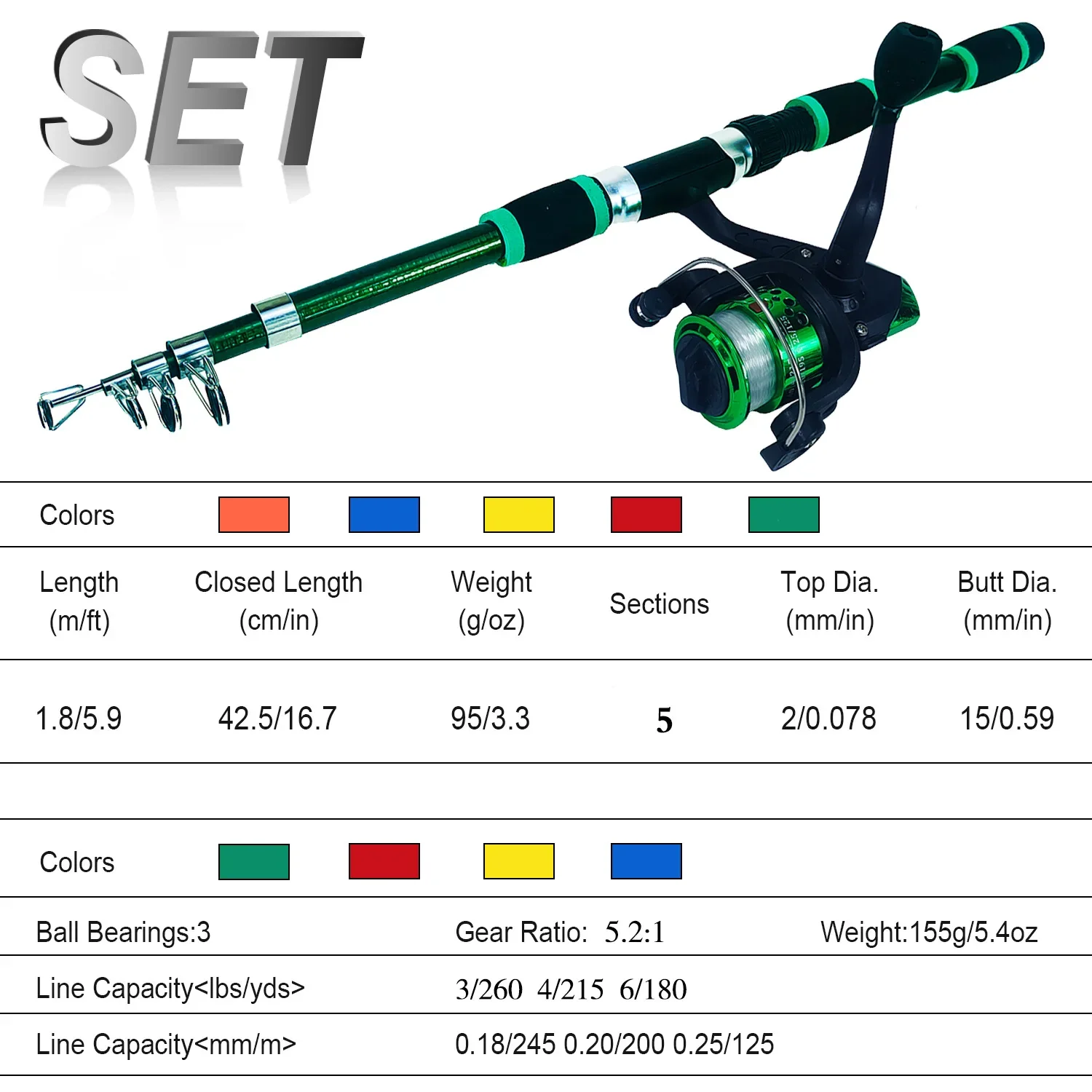 Spinning Fishing Rod and Reel Combo 1.8M Telescopic Rod with 5.2:1 3BB Reel Max Drag 5kg Full Fishing Kit Set
