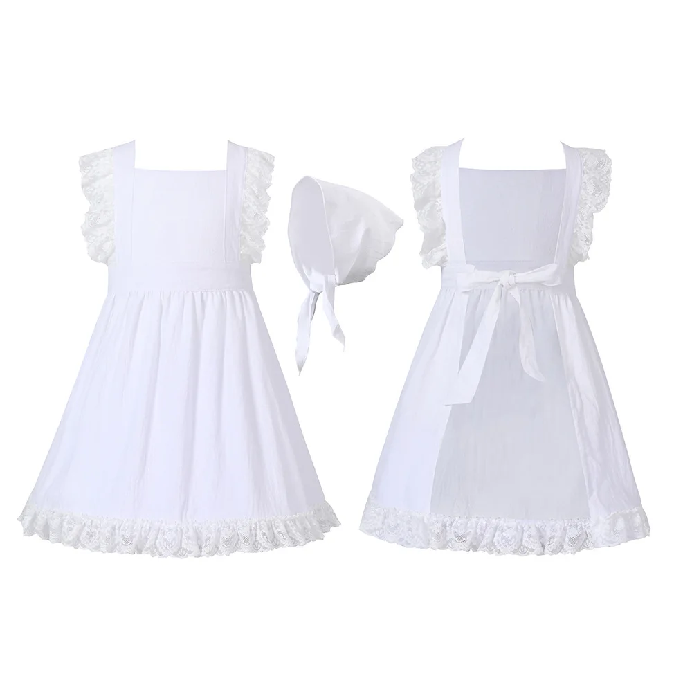 Kids Girls Costume 4-10Y Khaki White Lace Ruffle Apron Bonnet For Pilgrim Girl Village Farm Pioneer Prairie Maid