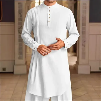 2025 New Muslim Middle East Arab Malaysia Men's Button Cotton Line Shirt Muslim Robe