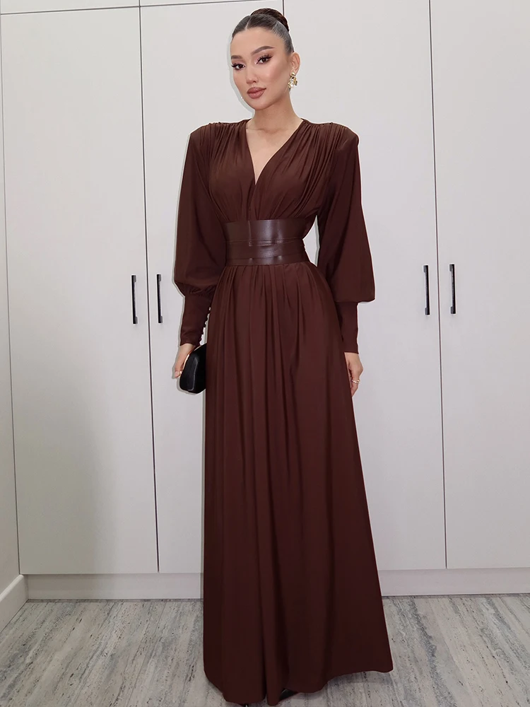 Nibber Lantern Sleeve Body-Shaping Dress Women Simple V-Neck Shoulder Padded Ruched Patchwork Classic Stretch Elegant Vestidos