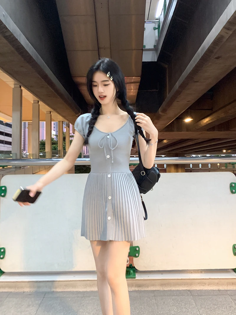 Sexy Knitted Dresses for Women V-neck A-Line Pleated Mini Dress Korean Fashion Solid Autumn Knitting One Piece Vestido Mujer New