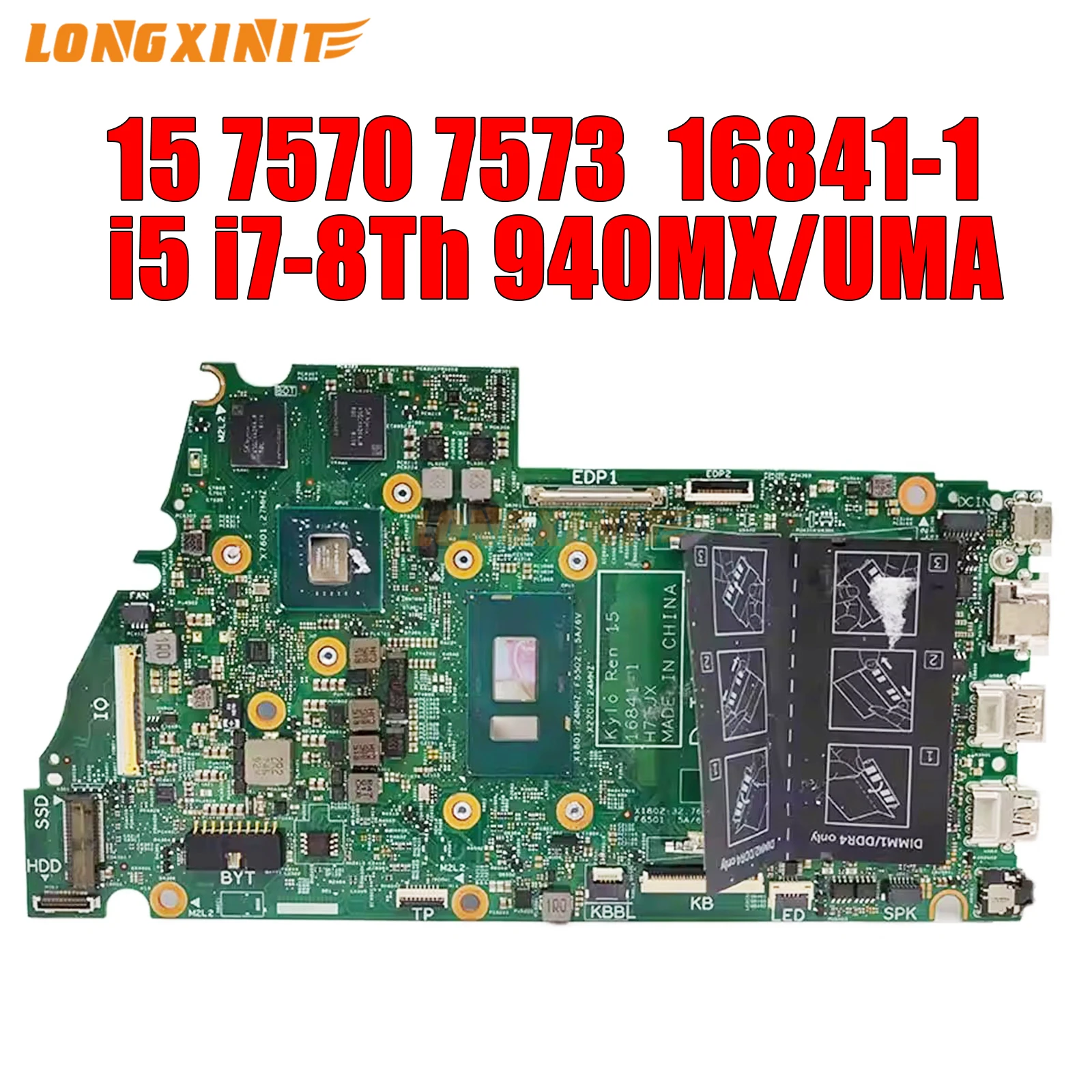 

16841-1 For Dell Inspiron 7570 7573 Laptop Motherboard.I5-8250 I7-8550U 940MX V2G/UMA 0XW62N, 0471TW, 090KX5.