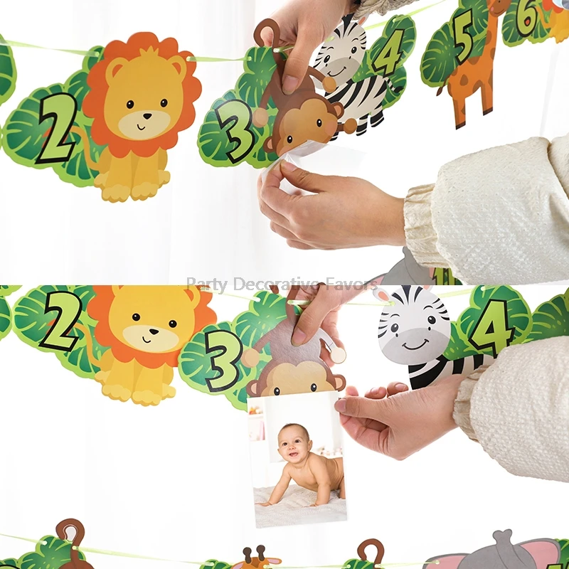 1st Birthday Photo Banner Baby Jungle Safari Birthday Party Lion Tiger Animal Bunting Paper Garland Flags Decoration Wild One