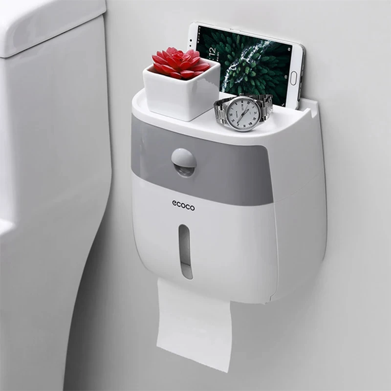 Waterproof Toilet Paper Holder Plastic Wall-Mounted Bathroom Shelf Storage Box Portable