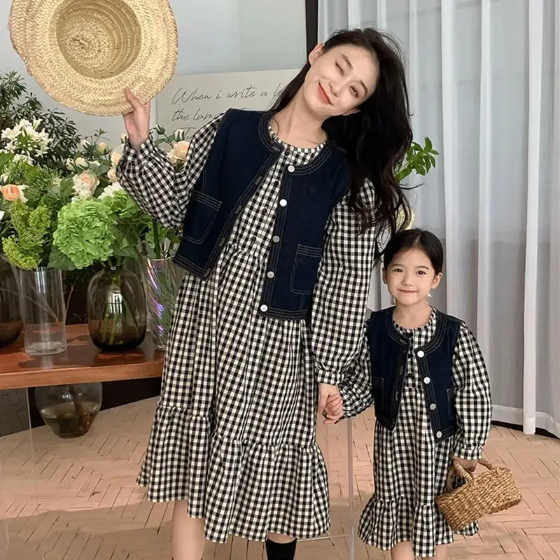 

2024 AncoBear Family Matching Outfits Mommy and I Autumn Same Look Vintage Plaid Dress + Denim Vest Mother & Kid Coordinate Wear