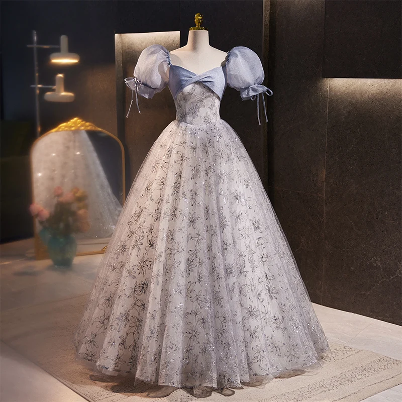 

Evening Dress Square Collar Ruched Floor-Length Short Sleeves Lace Up Sequins Ball Gown Tulle Party Formal Dresses Woman B2722