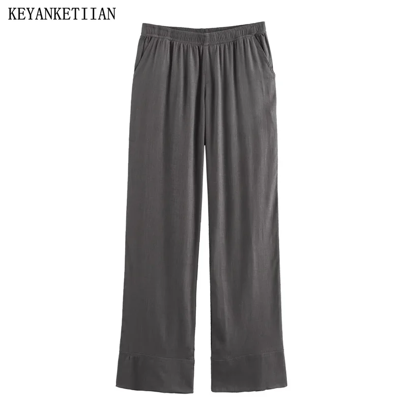 

Новинка 2024, женские льняные длинные брюки KEYANKETIAN темно-серого цвета, Свободные повседневные Прямые брюки в стиле унисекс с эластичным поясом и карманами