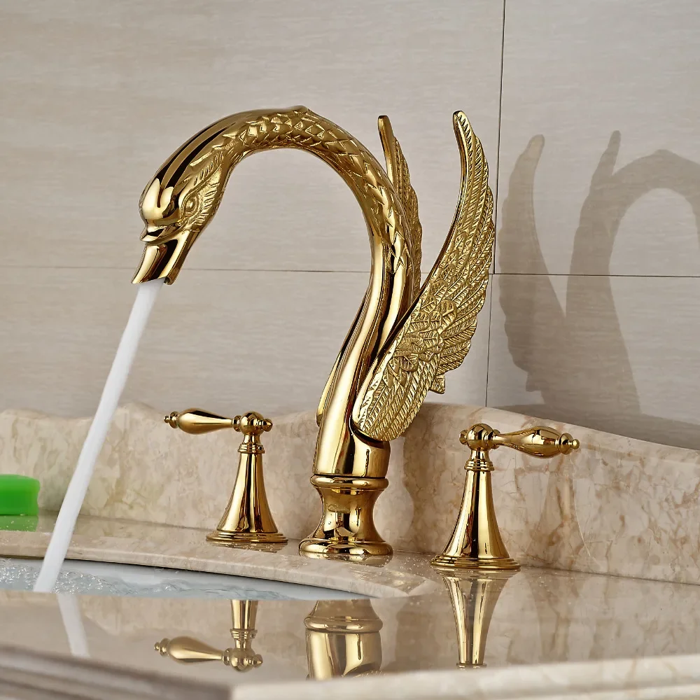 

Vidric Swan Shape Dual Handle Golden Washing Basin Faucet Widespread Deck Mounted Bathroom Basin Mixer Tap With Hot And Cold Wat