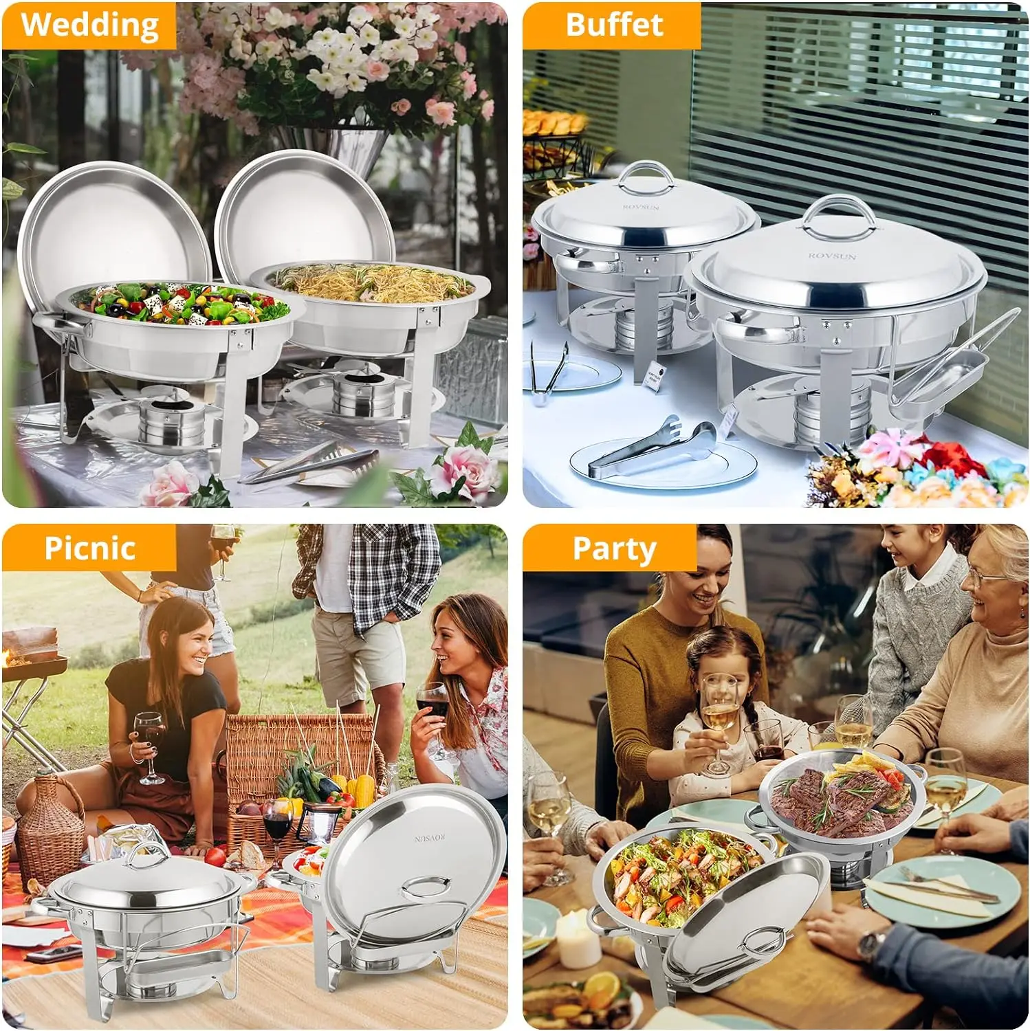 

5 Qt 4 Pack Chafing Dish Buffet Set,Stainless Steel Round Chafers for Catering, Buffet Servers and Warmers Set