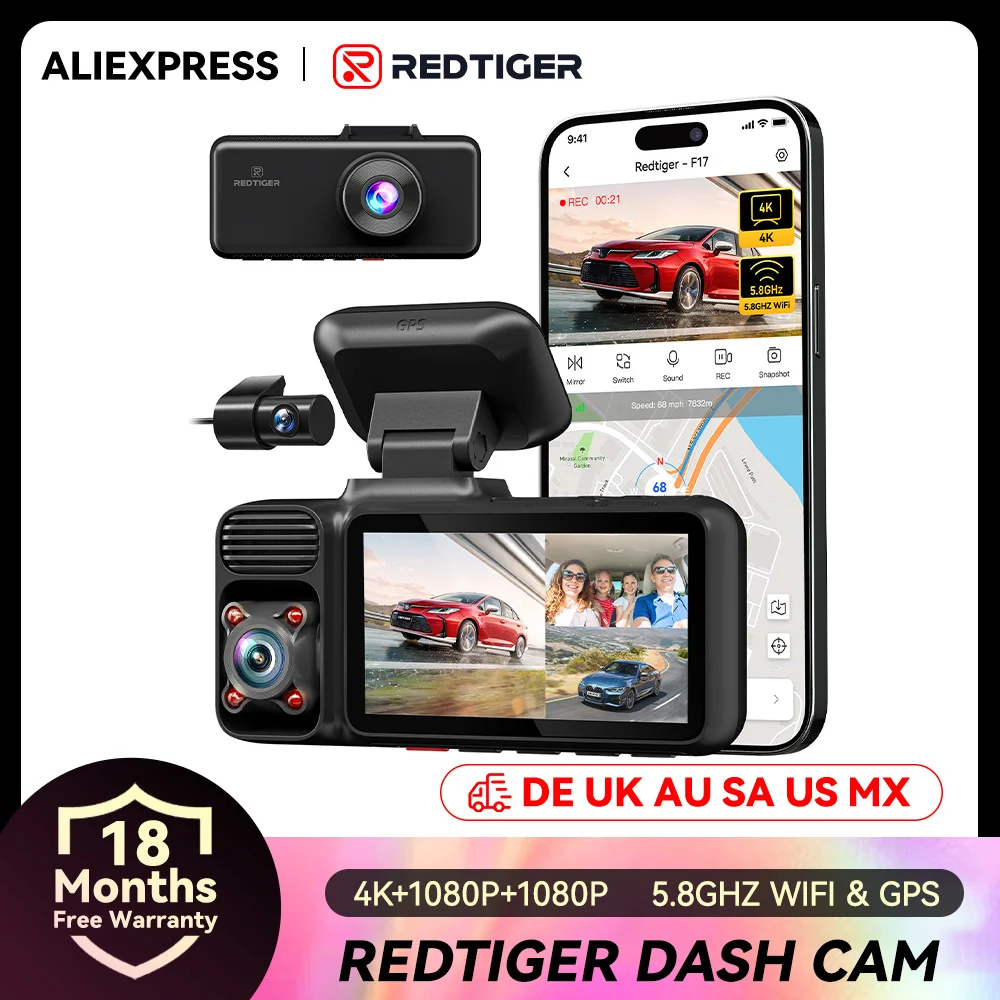 Redtiger F17 4K Dashcam mit 3 Kameras, 5,8 GHz WLAN, Nachtsicht, integriertem GPS und WDR für Autos.