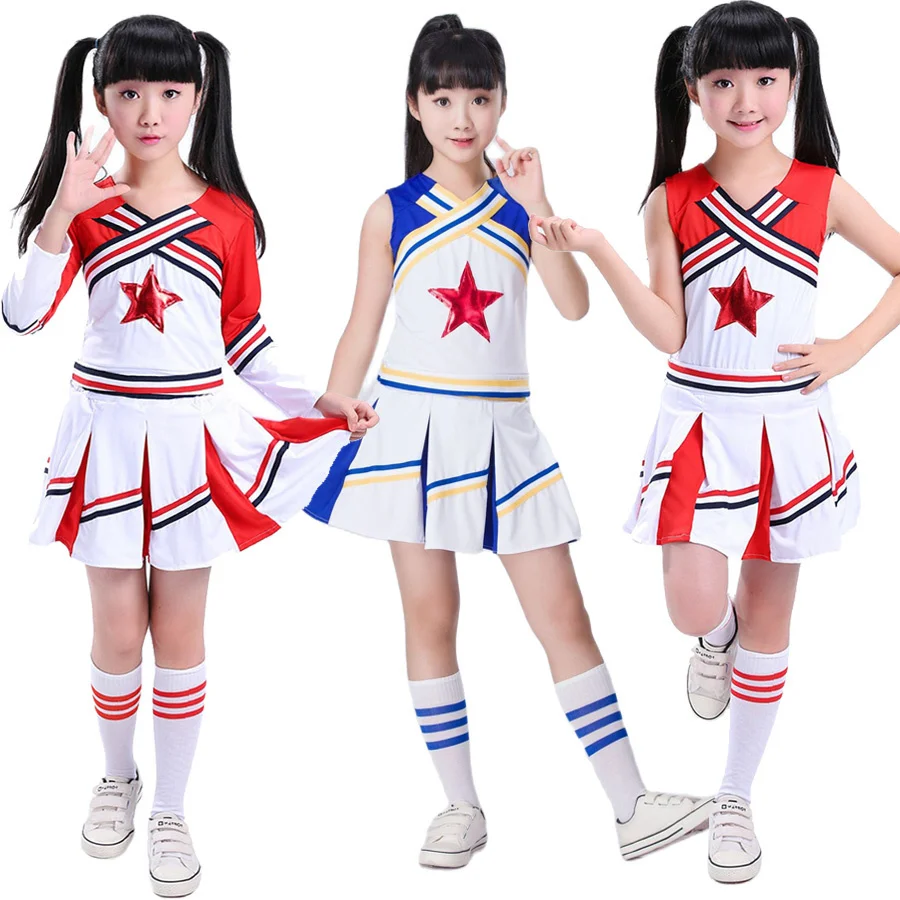 

Girls Red Cheerleading Costume Kids Boy Competition Cheerleader Uniform School Team Performance Dance Costumes Pompoms and Sock