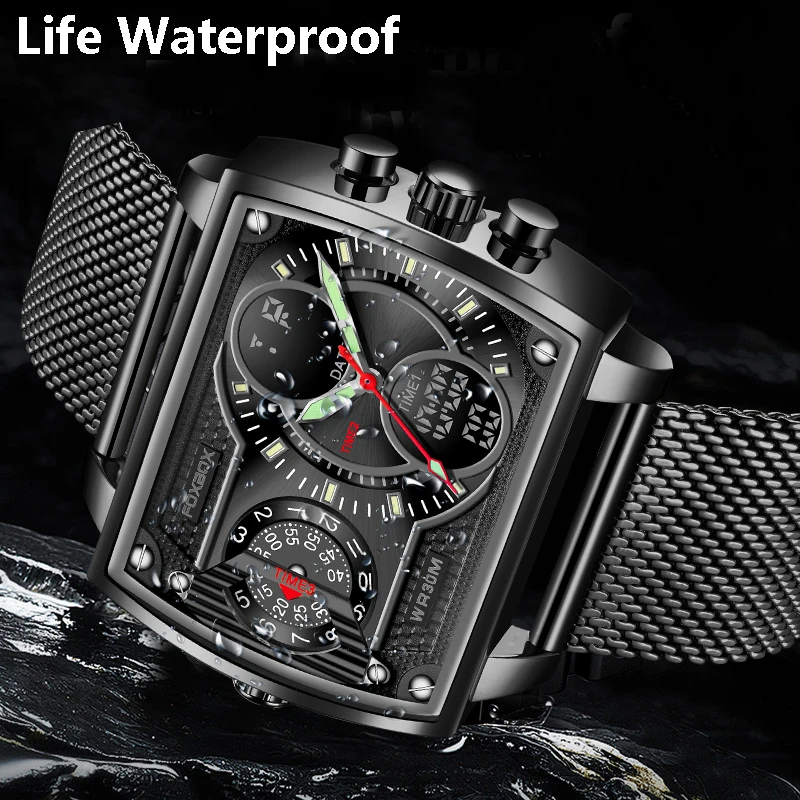 LIGE Fashion Square Man Watch Luxury Brand FOXBOX Casual Sports Watch Waterproof Chronograph Clock Dual Display Wrist Watches