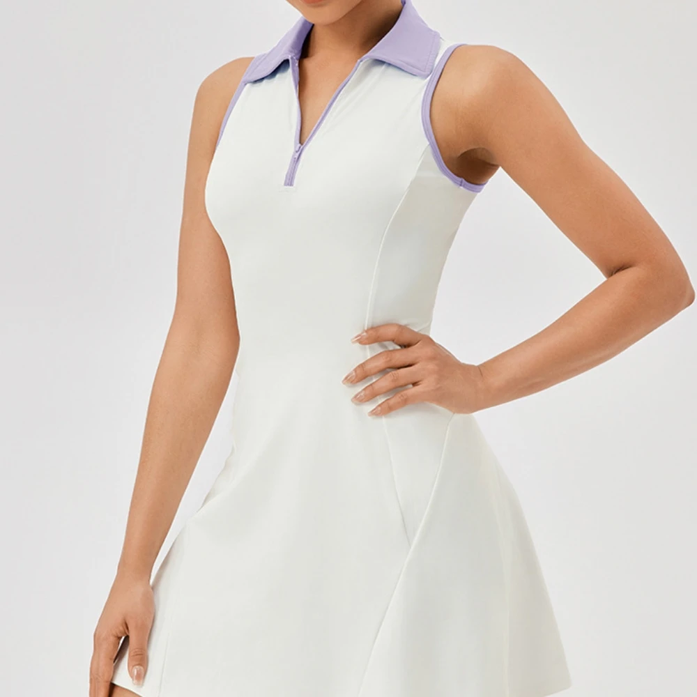 Lapel One-piece Sleeveless Tennis Dress Breathable Waist Fitness Dress Colorblocking Golf Badminton Sports Dresses