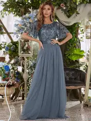 Elegant Evening Dresses Sequin Print Maxi Long with Cap Sleeve A-LINE 2024 BAZIIINGAAA of Dusty Navy Gauze Bridesmaid dresses