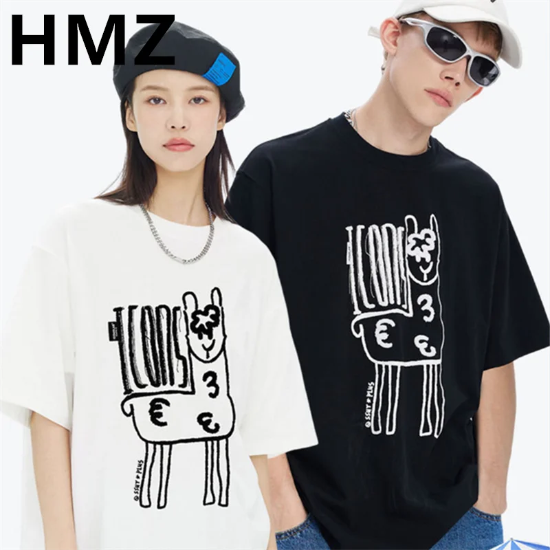 

HMZ Summer Men Cotton T-Shirt Funny Cartoon Fashion Oversized Tees Loose Anime Casual Couples T-Shirt Streetwear Men Tops Tees