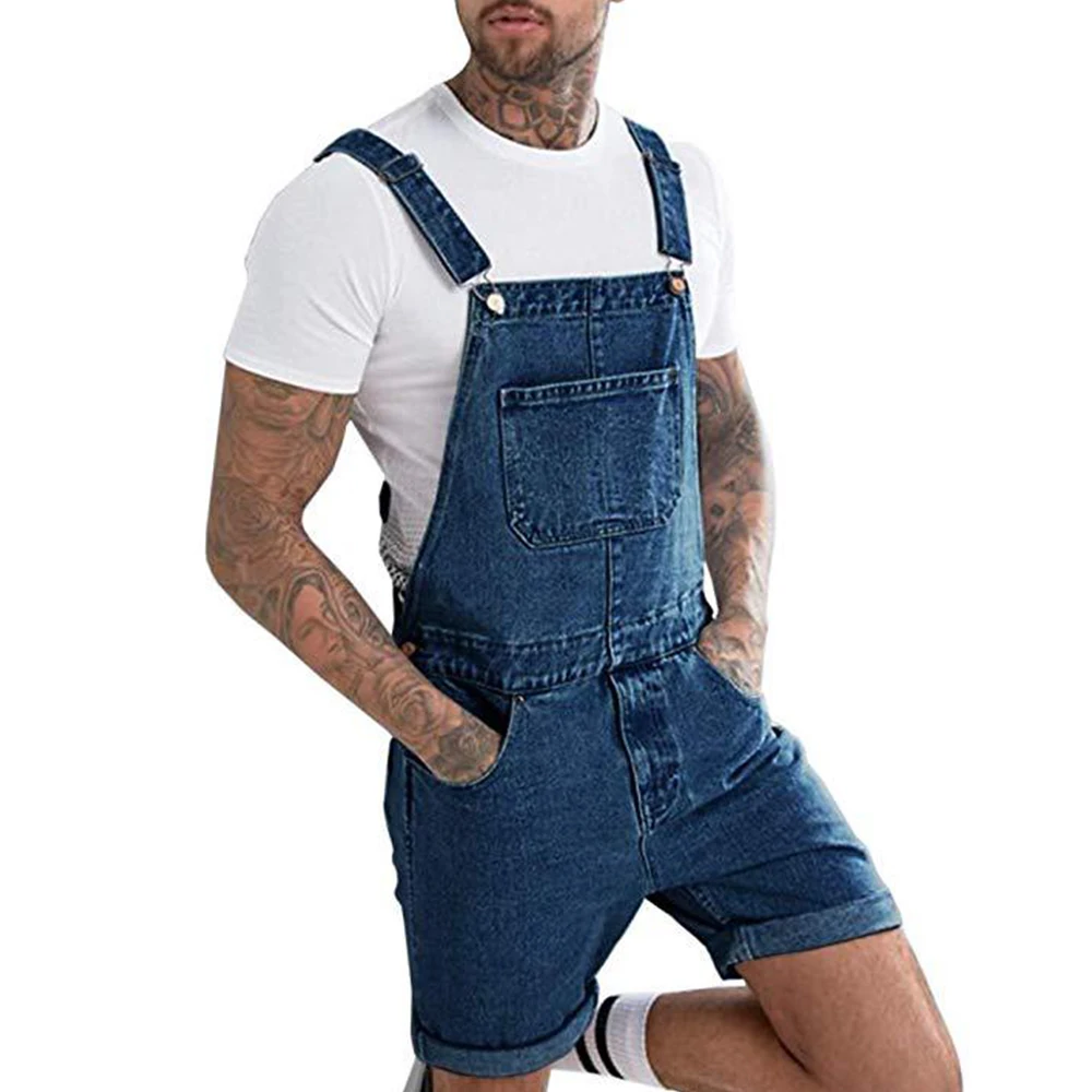 Men's Vintage Jeans Overalls Solid Color Elastic Denim Jumpsuit With Pockets Men Summer Casual Button Suspenders Short Pants men jeans denim pants