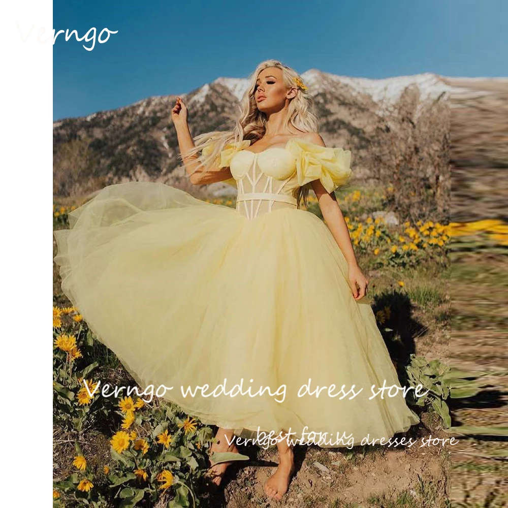 

Verngo Princess Yellow Tulle Prom Dresses Off Shoulder Puff Sleeves Tulle Tea Length Formal Party Dress Homecoming Evening Gown