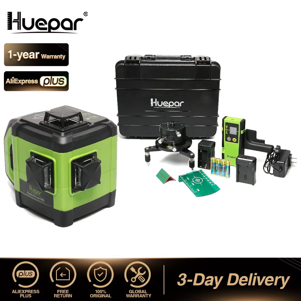 Huepar Elettronico Autolivellante 3D Green Beam Laser Level 3X360 Cross Line Allineamento Livellante A Tre Piani-Funzione A Doppia Pendenza