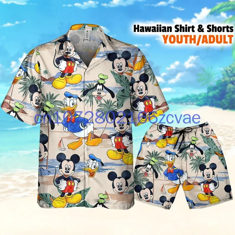 

Гавайская рубашка и шорты с Микки Маусом, повседневный пляжный комплект для отпуска с короткими рукавами, пляжные шорты Дисней, рубашка на пуговицах в стиле ретро