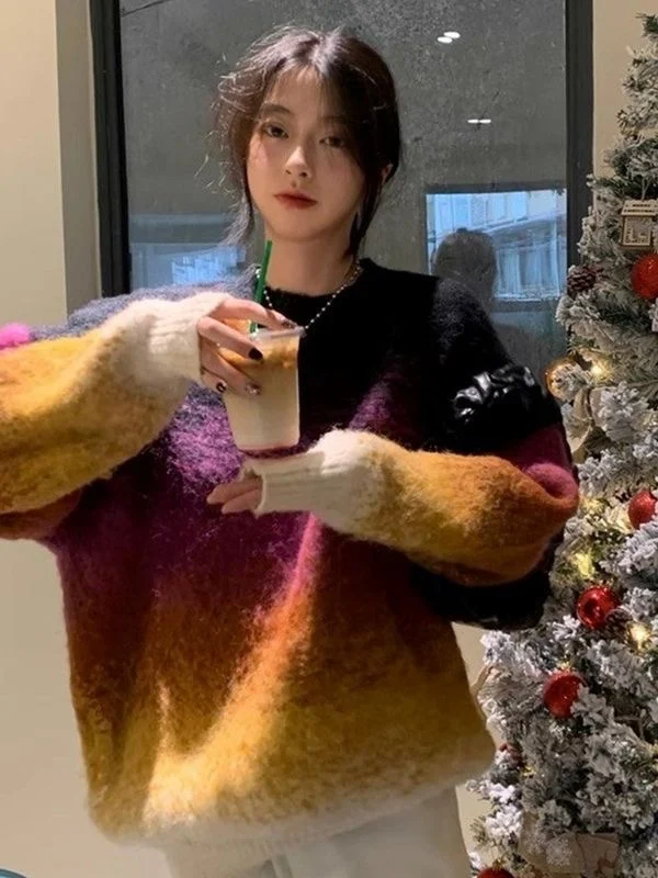 화려한 그라데이션 모헤어 스웨터 여성 가을과 겨울 두꺼운 중간 길이의 풀오버 니트