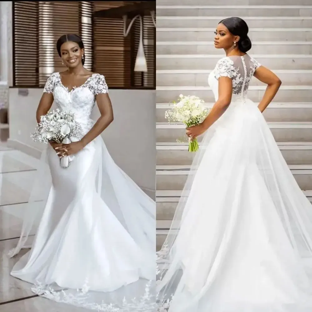 

Sexy V-neck Wedding Dresses Women Elegant 2024 Short Sleeve Vestidos De Novia Floral Lace Back Button Bridal Gowns Sweep Train