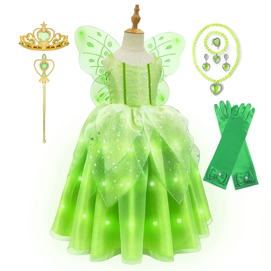 Jasmine Mermaid Ariel LED Light Up Dress for Girls Kids Frozen Princess Elsa Cosplay Tinker Bell Aurora Cinderella Party Clothes