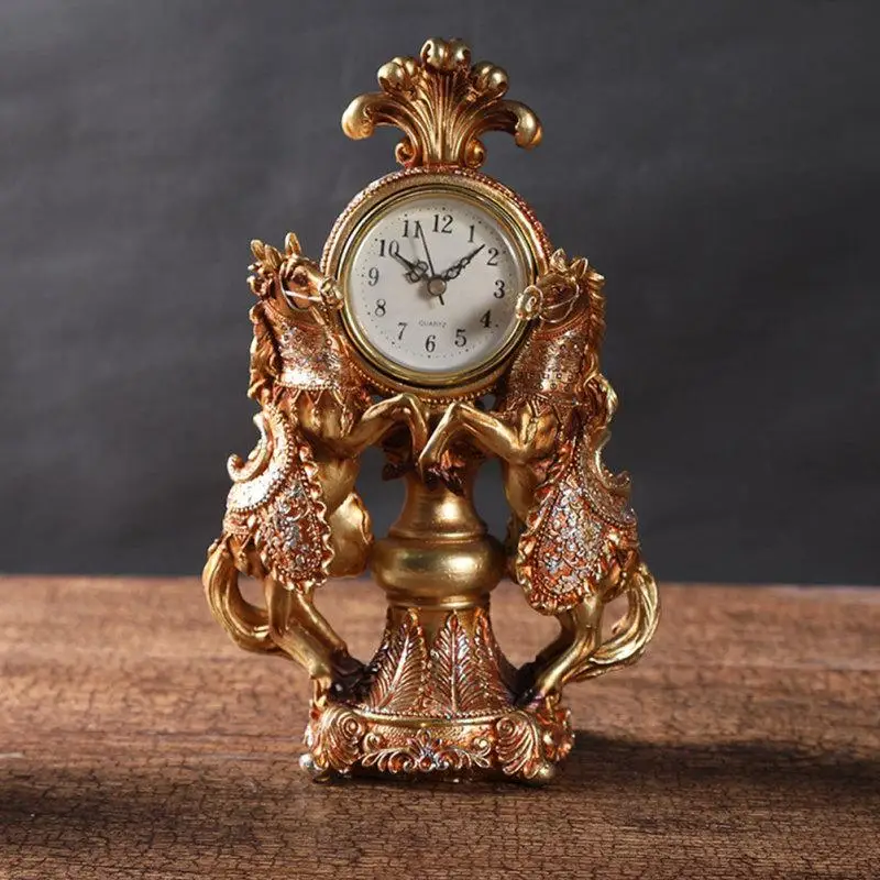 1pc Vintage Dual Horse Clock Adornment European Style Clock Desktop Clock Decoration Home Clock Ornament