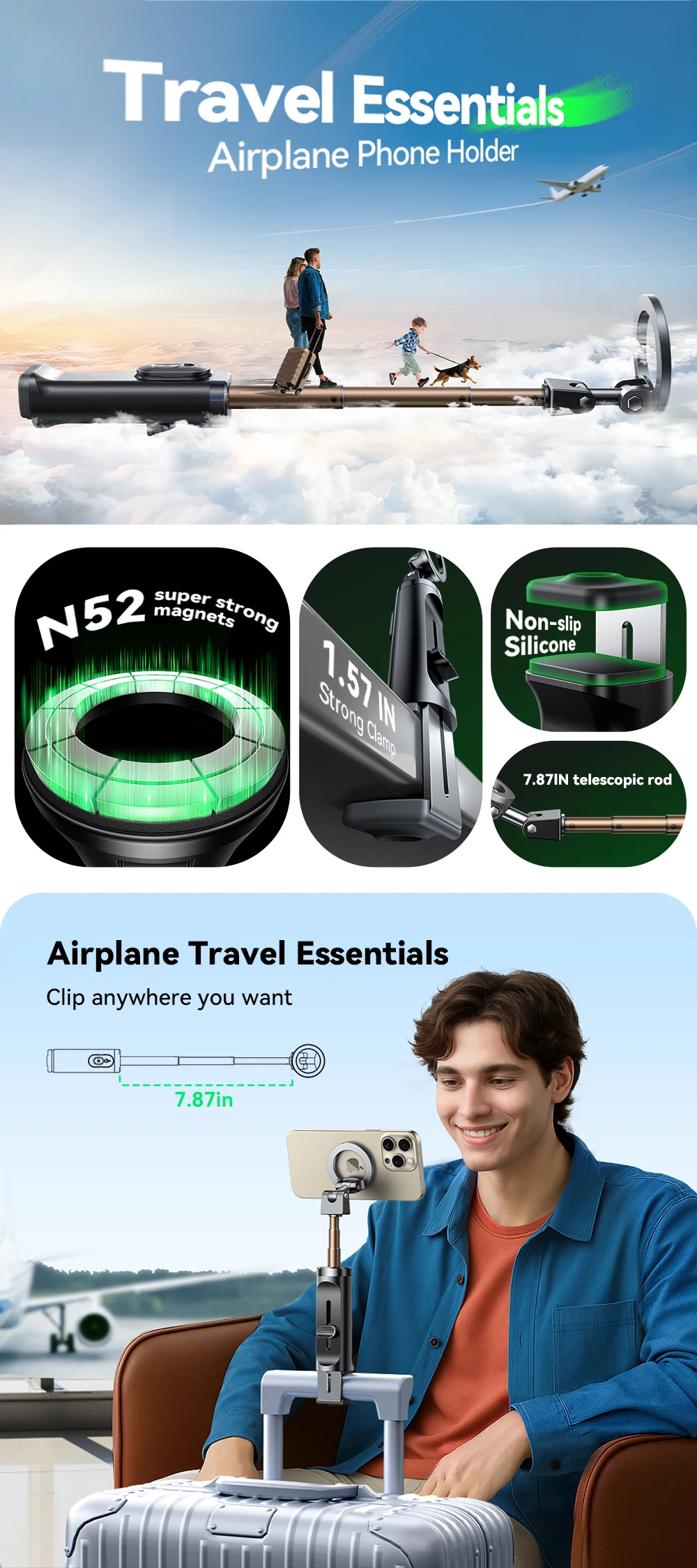 Remote Control Selfie Stick Magnetic Airplane Phone Holder Scalable & Rotatable