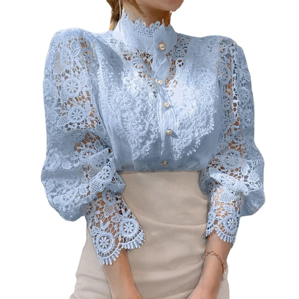 Korean version of women's temperament solid color stand collar hollow lace shirt pearl button blouse