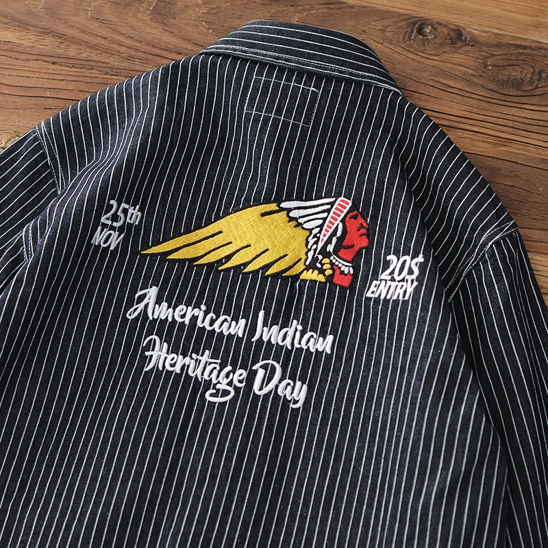 Autumn American Retro Heavyweight Denim Cargo Embroidery Striped Shirt Men's Fashion Pure Cotton Washed Casual Blouses Jacket