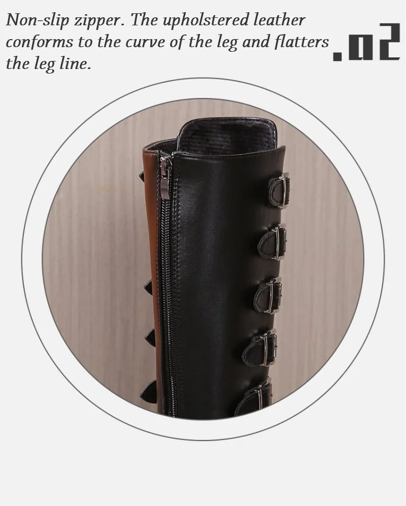 New Women's Cosplay Boots Multi-row Belt Buckle Long Tube Leather Knight Boot Punk Gothic Classic Black High Heel Shoe Knee-High