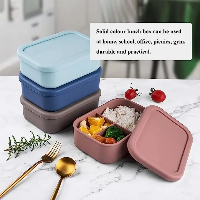 custom hot selling Food Grade silicone lunch box Portable Kids Bento Box  Silicone Food Storage Container with 3 Compartment