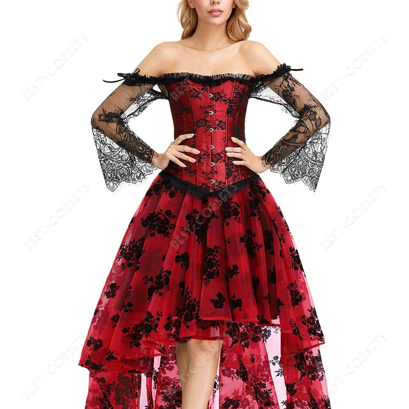 Gothic Corset Dresses for Women Sexy Vampire Bridal Corset Cosplay Black Lace Sleeve Dress with Corset Top