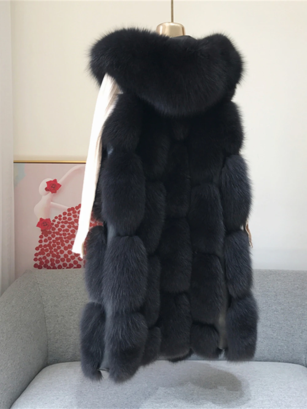 Hooded Real Fox Fur Vest for Women, Long, Plus Size, Luxury