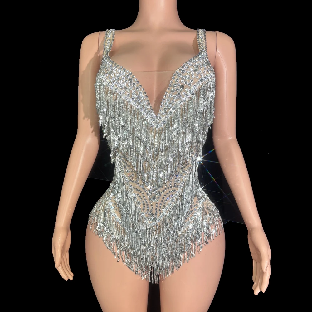 Sparkly Rhinestones Sequins Tassel Bodysuit for Women Sexy See Through Performance Dance Costume Singer Dancer Stage Wear 