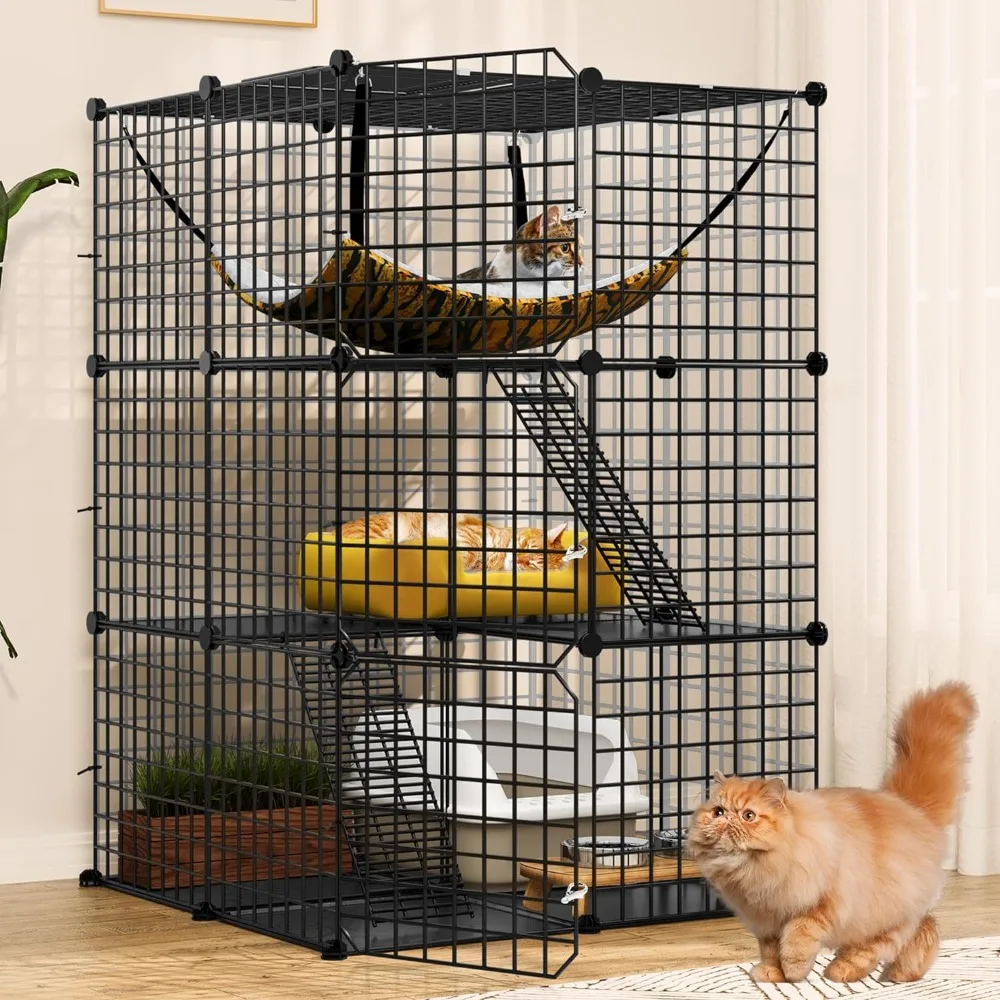 YITAHOME Cat Cage Indoor Catio DIY Cat Enclosures Metal Playpen 3-Tiers Kennels Pet Crate with Extra Large Hammock for 1-2 C