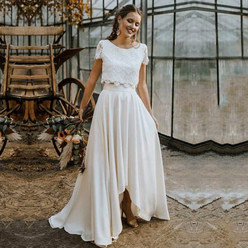 

Bohemian Wedding Dresses 2022 Two Pieces Lace Top with Short Sleeve Bridal Gown Jewel Neck Beach Wedding Gown Vestidos De Novia