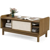 Coffee Table with Storage and Sliding Doors, Mid-Century Modern Coffee Table , Rattan Woven Door, Wooden Accent Center Tables 1