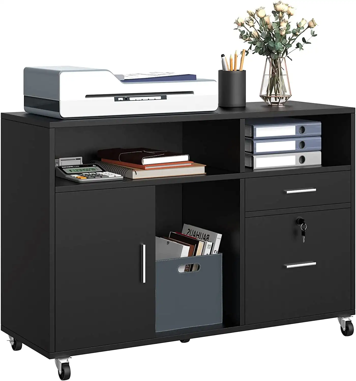 

Dextrus 2 Drawer Wood Lateral File Cabinet, Mobile Filing Cabinet Fits A4 Letter Size Files Printer Stand with Open Shelves