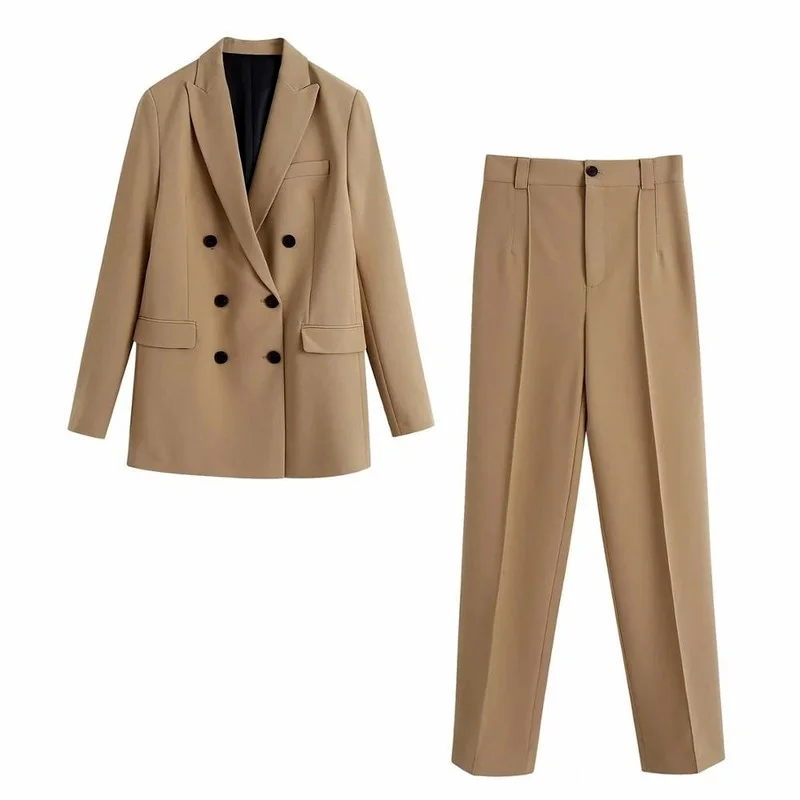 2023 Autumn Winter Two-piece Set Solid Color Pants England Style Double Breasted Long Sleeve Blazer+High Waist Straigt Trousers