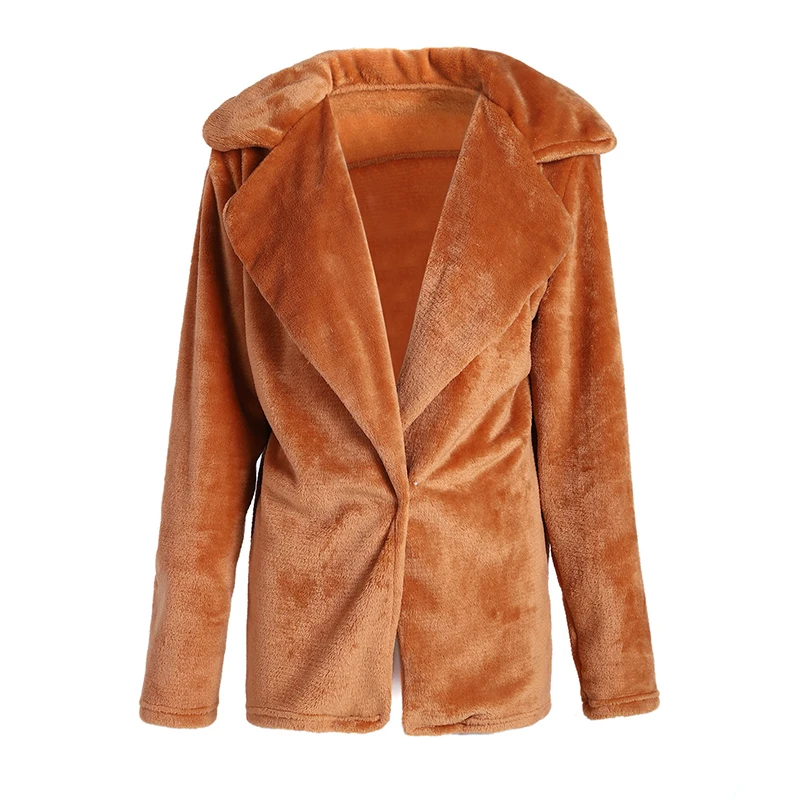 Fashion  European and American Autumn and Winter Sexy Long-sleeved Warm Women's Plush Lapel Slim Solid Color Jacket Women