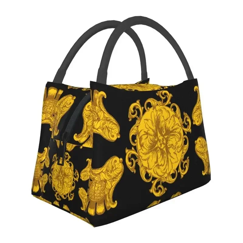 

Golden Baroque Fashion Seamless Pattern Insulated Lunch Bags for Women Waterproof Cooler Thermal Bento Box Work Picnic