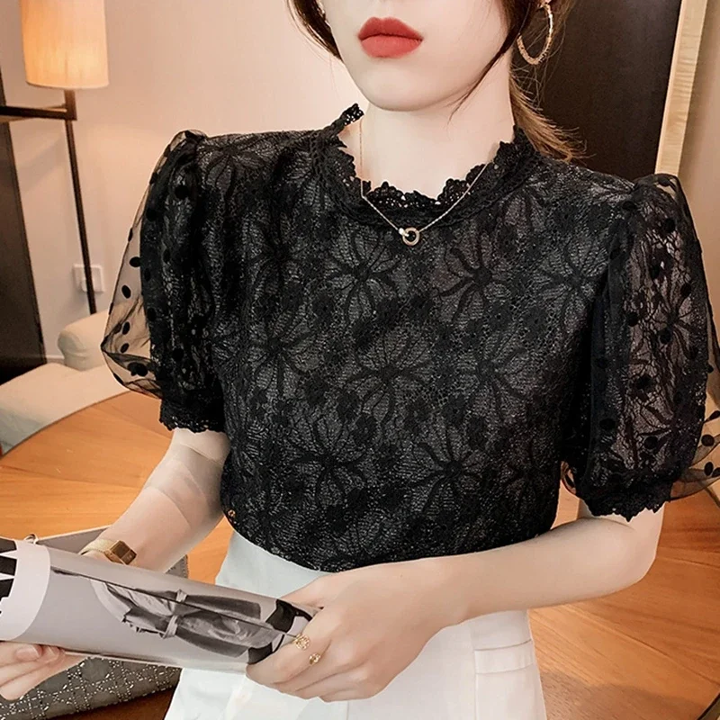 รูปสินค้า เสื้อลูกไม้แฟชั่นเกาหลี แขนพอง ชิลล์ๆ ฤดูร้อน