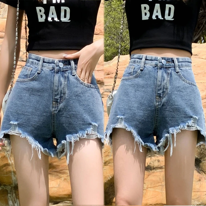 

Women Summer High Waist Wide Leg Ripped Denim Shorts Vintage Irregular Distressed Frayed Raw Cut Hem Tassel Jeans Short P8DB