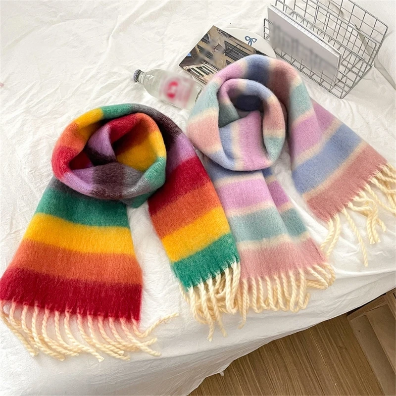 Autumn Winter Warm Colorful Striped Children's Scarf Korean Fashion Girls Boys Long Tassel Scarf for 3-12 Years Kids Neckerchief
