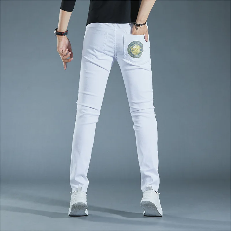 

Light Luxury Men’s Slim-fit Denim Pants,Eagle Prints Decors Casual Jeans, Street Fashion Sexy Pure Color Jeans Pants;