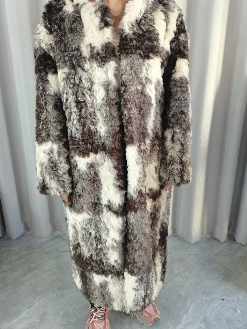 Korean Style Round Neck Long Sleeve Women's Long Faux Fur Coat 2022 Winter Commute Style Fashion Tie-Dyed Loose Faux Fur Coat