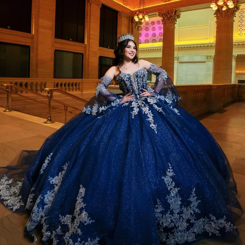 

Navy Blue Shiny Off the Shoulder Quinceanera Dresses Ball Gown Corset Applique Lace Beads Tull Princess Dress vestidos de 15