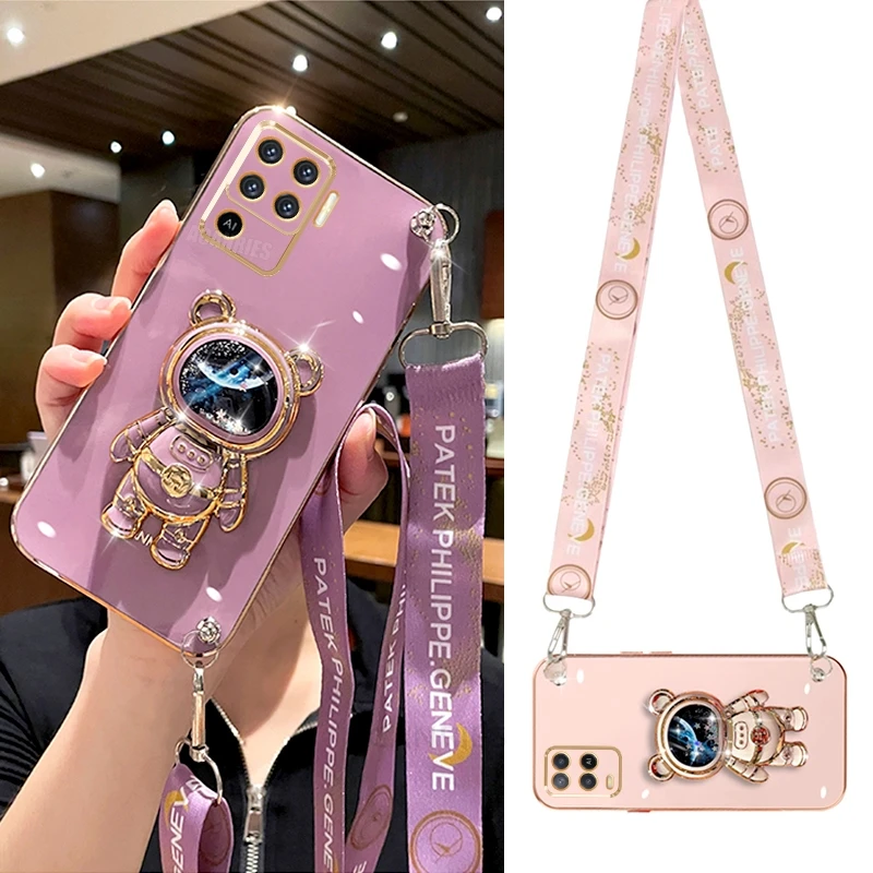 Reno5lite Crossbody Lanyard Plating Silicone Stand Case