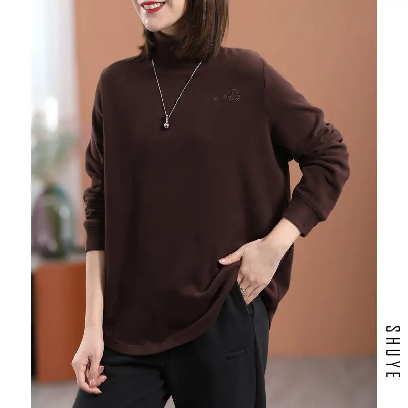 Autumn and Winter Women's Solid High Neck Long Sleeve Pullovers Loose Embroidery Korean All Match Fashion Casual Formal Tops